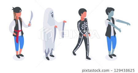 Halloween kids in costumes. Isometric boys wearing zombie, ghost and pirate carnival costumes 3d vector illustration set. Festive party masquerade children characters Halloween kids in costumes. Isometric boys wearing zombie, ghost and pirate carnival costumes 3d vector illustration set. Festive party masquerade children characters 129438625