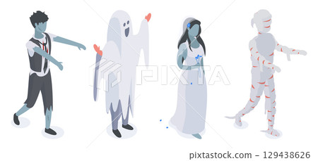 Halloween party characters. Isometric zombie, mummy and ghost carnival costumes 3d vector illustration set. Halloween party masquerade Halloween party characters. Isometric zombie, mummy and ghost carnival costumes 3d vector illustration set. Halloween party masquerade 129438626
