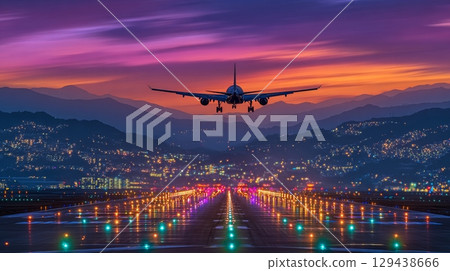 Aircraft taxiing at illuminated runway during sunset airport landscape aerial view aviation concept 129438666