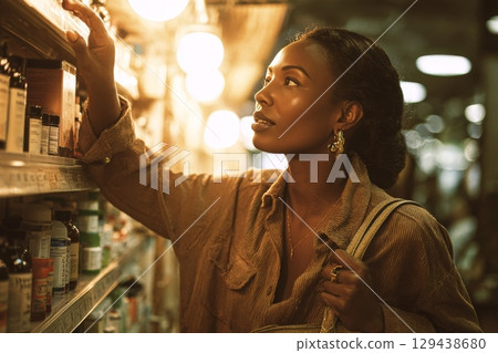 Shopping experience of a black woman in a bright pharmacy lifestyle content urban environment close-up view consumerism concept 129438680