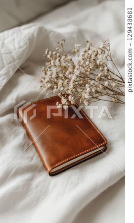 Elegant brown leather book cover mockup on soft bedding photography cozy indoor setting minimalist design concept 129438681