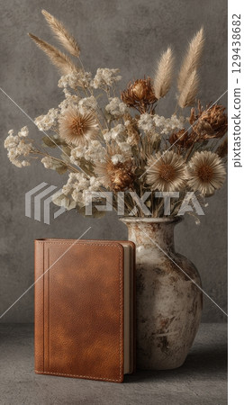 Elegant brown leather book cover mockup with dried floral arrangement studio setting still life warm tones 129438682