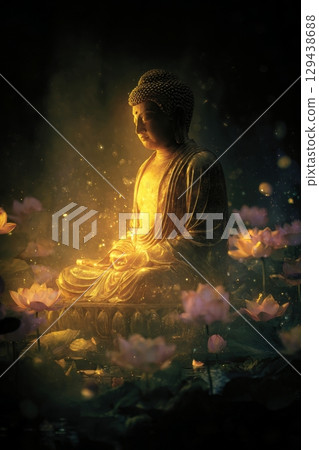 Buddha meditation serenity tranquil lotus pond mystical atmosphere evening glow spiritual reflection 129438688