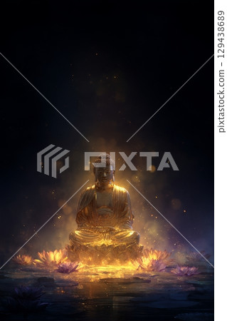 Buddha meditation in golden flame tranquil sanctuary digital art ethereal environment serene viewpoint enlightenment concept 129438689