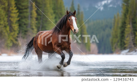Majestic horse crossing a serene river in nature action-packed scene vibrant landscape captured from a dynamic perspective 129438743