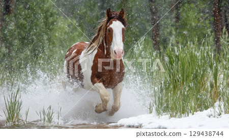 Majestic horse galloping through snowy river forest setting nature photography dynamic perspective equine beauty 129438744