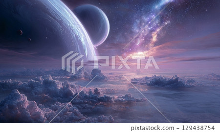 Celestial exploration interstellar landscape of cosmic beauty space digital art sci-fi awe-inspiring view 129438754