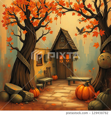 Atmospheric fall landscape with trees and splashes Atmospheric fall landscape with trees and splashes 129438782