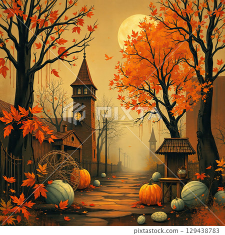 Atmospheric fall landscape with trees and splashes 129438783