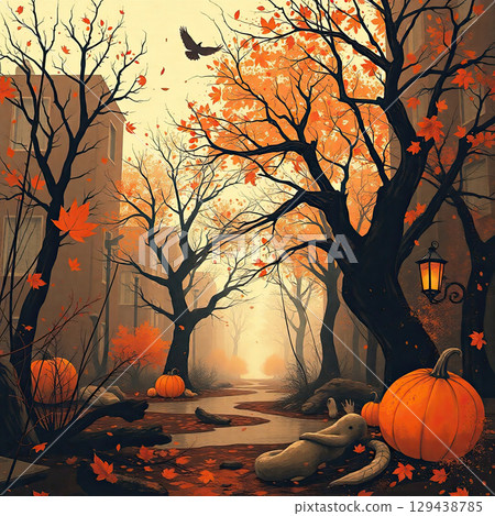 Atmospheric fall landscape with trees and splashes 129438785