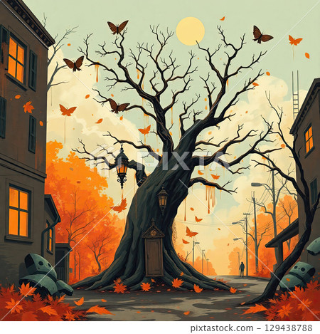 Atmospheric fall landscape with trees and splashes 129438788