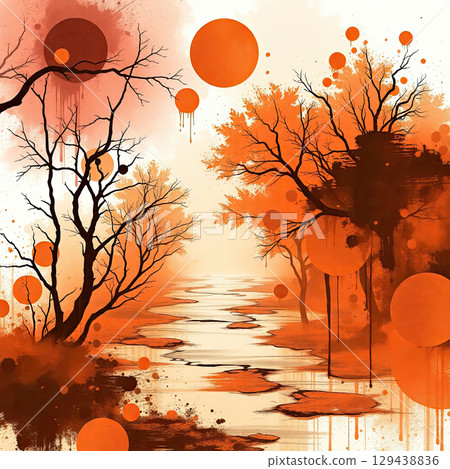 Atmospheric fall landscape with trees and splashes 129438836
