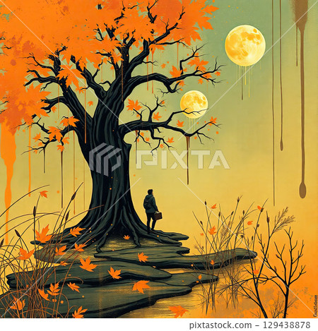 Atmospheric fall landscape with trees and splashes 129438878