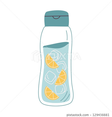 Water with ice and lemon in eco glass bottle. Plastic free, zero waste concept. Flat vector illustartion. 129438881