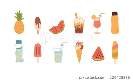 A set of summer drink, food and fruit vector illustration. Cocktail, ice cream, water, watermelon, pineapple, latte, bubble milk tea. 129438886