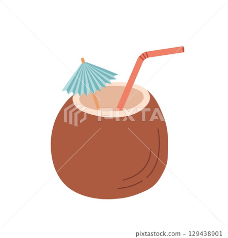 Coconut coctail with straw vector illustration. Tropical drink Coconut coctail with straw vector illustration. Tropical drink 129438901