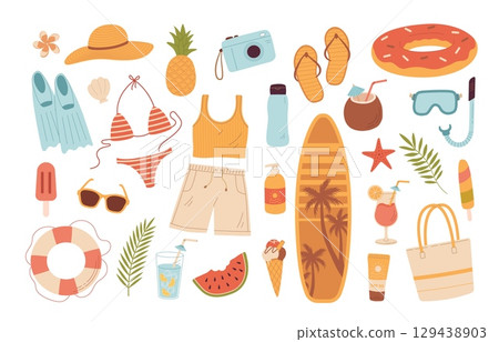 Cartoon summer beach stuff vector illustration. Summertime items. Vacation accessory for sea holidays. Surfboard, snorkeling mask, slippers, ice cream Cartoon summer beach stuff vector illustration. Summertime items. Vacation accessory for sea holidays. Surfboard, snorkeling mask, slippers, ice cream 129438903