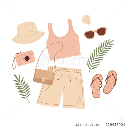 Summer female clothes and accessory vector illustration. fashion women shorts, top, bag, sunglass, hat, tropical leaf. Travel, vacation on the beach. 129438904