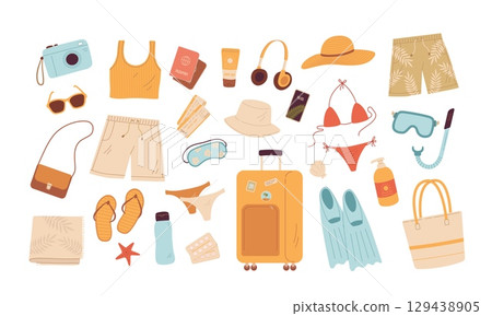 Cartoon summer travel baggage and beach accessories vector illustration. Vacation summer stuff for sea activities. Snorkeling, shorts, bikini 129438905