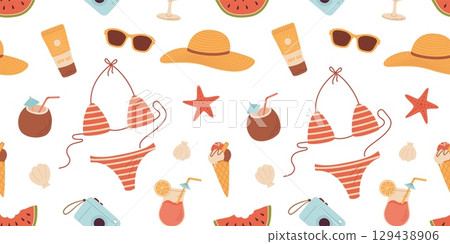 Summer seamless pattern with beach accessory and items. Bikini, sunglasses, cream, watermelon, hat, ice cream, camera. Cartoon vector illustration 129438906