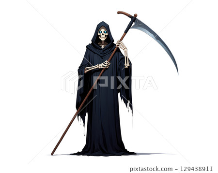 Grim reaper with scythe isolated, menacing dark figure in hooded cloak, death symbol Grim reaper with scythe isolated, menacing dark figure in hooded cloak, death symbol 129438911