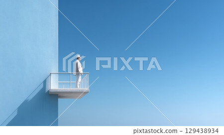 Minimalist exploration individual standing on balcony coastal landscape photography clear sky perspective serenity 129438934