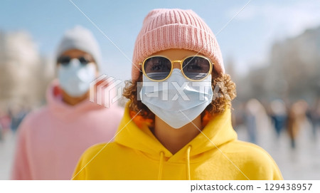 People in face masks navigating a busy urban street new normal lifestyle city environment daytime viewpoint 129438957