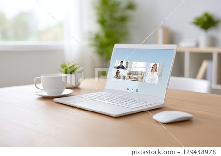 Remote work setup home office digital collaboration modern space online interaction work environment 129438978