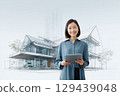 Innovative home design urban setting digital art modern architecture front view female designer concept 129439048