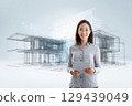 Innovative woman home designer creating modern architecture urban studio digital illustration minimalist environment professional perspective 129439049
