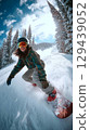 Woman snowboarder carving down snowy mountain slope colorado action shot winter wonderland dynamic view thrilling adventure 129439052