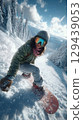 Dynamic snowboarding adventure woman carving down majestic mountain slope in winter wonderland 129439053