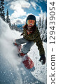 Woman snowboarder carving down snowy mountain slope winter wonderland action photography scenic viewpoint thrilling adventure 129439054