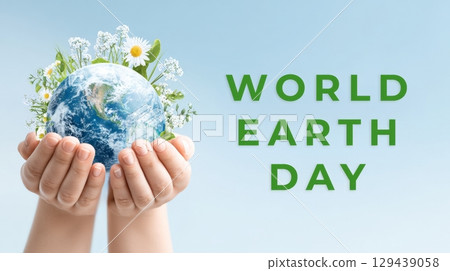 Celebrating world earth day hands holding a flourishing planet nature's embrace community awareness eco-friendly perspective 129439058