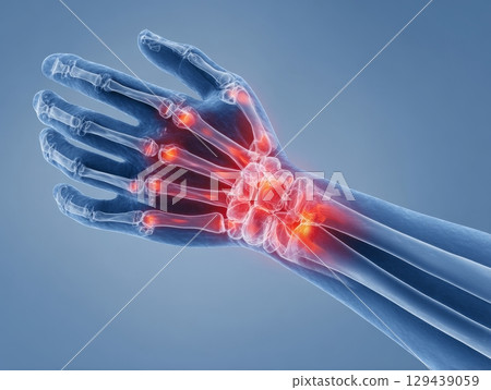 X-ray of wrist showing pain areas medical imaging clinical analysis anatomical study close-up view health concerns 129439059