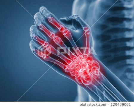 X-ray of wrist with red pain areas medical imaging healthcare clinical analysis close-up view anatomy insights 129439061