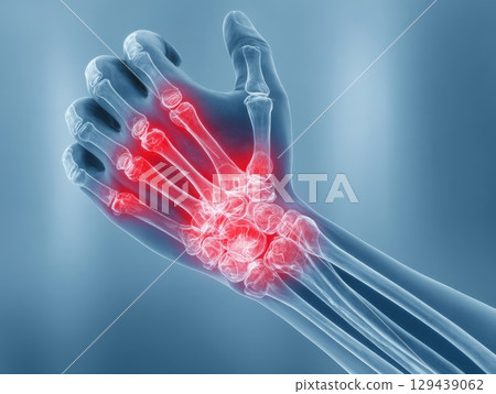 X-ray of wrist revealing red pain areas medical imaging clinical environment close-up view health insights 129439062