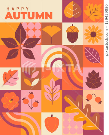 Hello autumn, vertical geometric banner.Greeting fall poster with leaves and isolated symbols of autumn-rowan berries, pumpkin,apple, sunflower.Template for harvest festival or Thanksgiving day.Vector 129439080