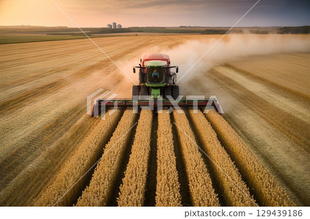 Modern combine machine cutting wheat at dusk, long shadows stretching across farmland 129439186