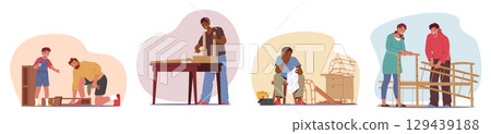 Diverse people cartoon characters engaged in furniture assembly fixing isolated set on white 129439188