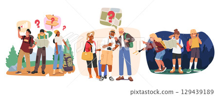 Confused people tourists and backpackers lost during travel adventure isolated cartoon set Confused people tourists and backpackers lost during travel adventure isolated cartoon set 129439189