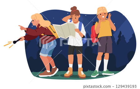 Children group of travelers lost in forest at night looking for way in paper map calling for help 129439193