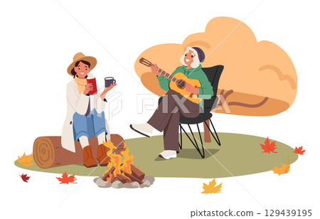 Happy mother and adult daughter enjoying outdoor picnic in autumnal natural park cartoon scene Happy mother and adult daughter enjoying outdoor picnic in autumnal natural park cartoon scene 129439195