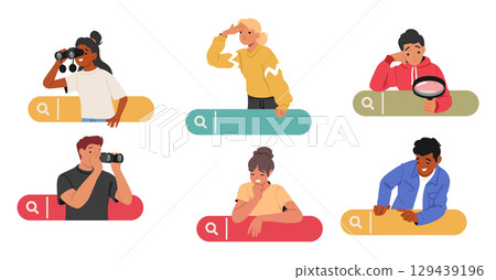 Diverse young people cartoon character searching information, doing marketing research on internet 129439196