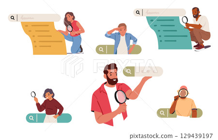 Search engine set with diverse people holding magnifying glass and binocular over browser retrieval Search engine set with diverse people holding magnifying glass and binocular over browser retrieval 129439197