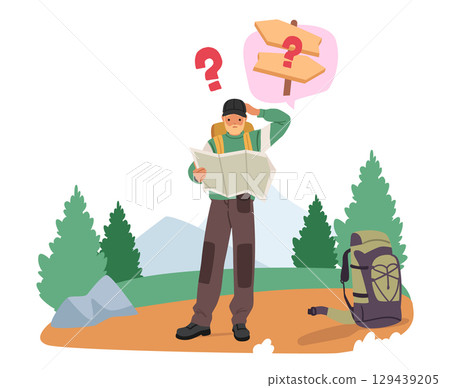 Man hiker tourist looking at paper map lost in mountains during outdoor travel adventure scene 129439205
