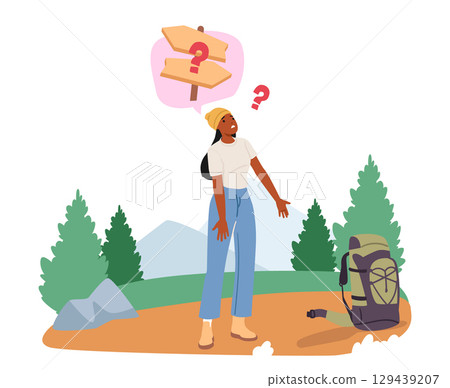 Lost woman backpacker cartoon character feeling puzzled and irritated wandering mountain hills 129439207