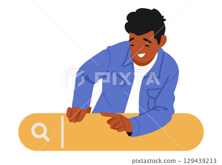 Guy cartoon character feeling enjoyment while clicking search bar to find information on internet Guy cartoon character feeling enjoyment while clicking search bar to find information on internet 129439213