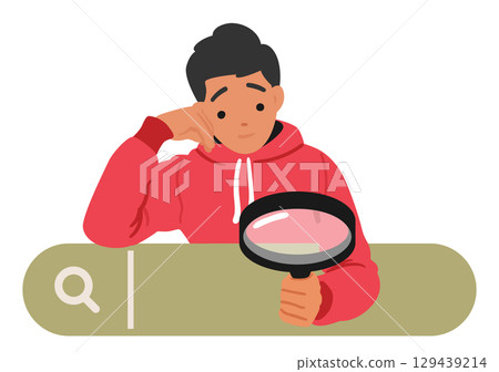 Teenage boy cartoon character with magnifying glass browsing internet searching information online 129439214