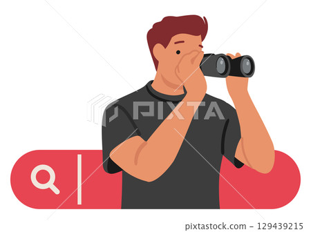 Man freelancer cartoon character looking through optical device using internet search bar service 129439215